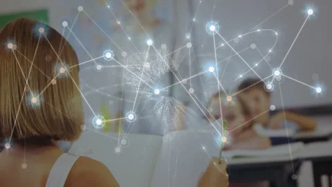 Animation of network of connections and globe against rear view of girl reading Stock Footage 316039192