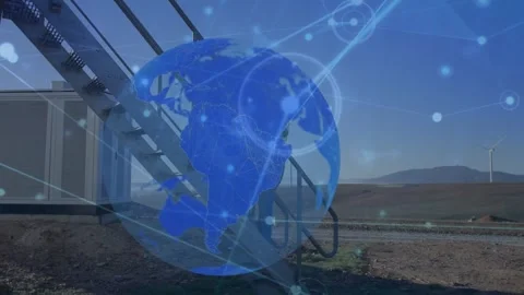 Animation of network of connections and globe over male engineer and wind Stock Footage 328645420