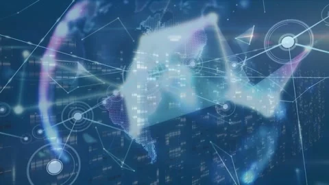 Animation of network of connections and globe of plexus networks against blue Stock Footage 328977552