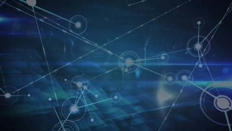 Animation of network of connections and light trails over square shape pattern Stock Footage 327900739