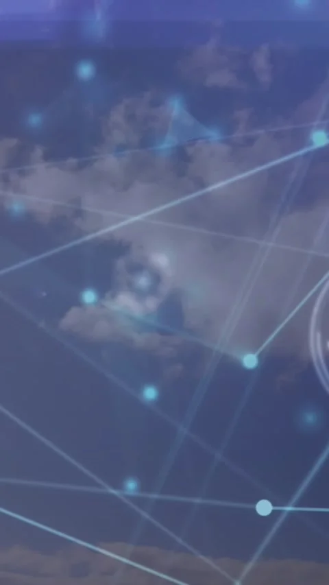 Animation of network of connections and light trails against clouds in the blue Stock Footage 344723141