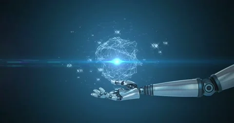 Animation of network of connections and numbers over robot hand and dark 스톡 동영상 202019414