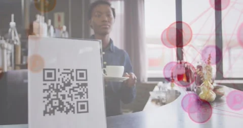 Animation of network of connections and qr code menu over woman serving in cafe Video stock 329553825
