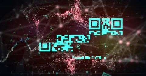 Animation of network of connections and qr code over dark background Stock Footage 329706599