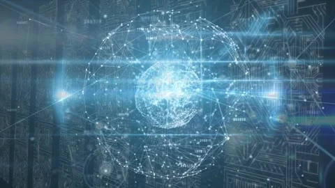 Animation of network of connections and rotating globe over integrated circuits Stock Footage 330114823