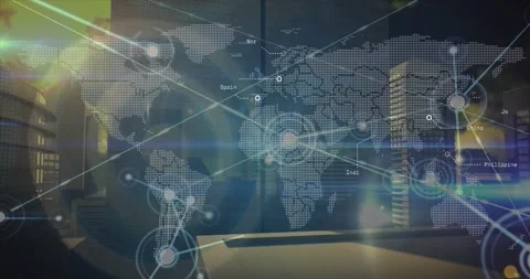 Animation of network of connections and world map against 3d tall building Vídeos de archivo 245402723
