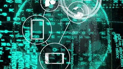 Animation of network of connections, binary coding data processing over globe Stock Footage 312644935