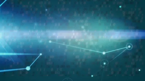 Animation of network of connections, binary coding and light trails against blue Video stock 328007215
