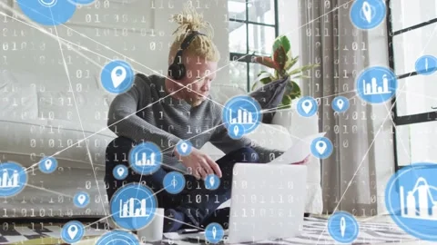 Animation of network of connections with binary coding over albino man using Video stock 328014585