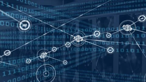 Animation of network of connections, binary coding over computer servers Stock Footage 330780296