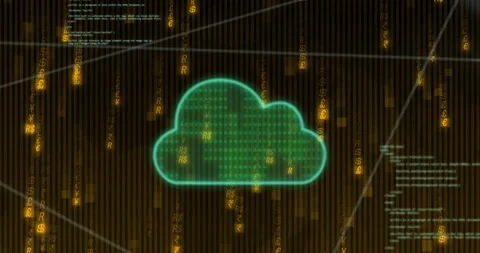 Animation of network of connections with cloud and data processing over binary Stock Footage 310220743