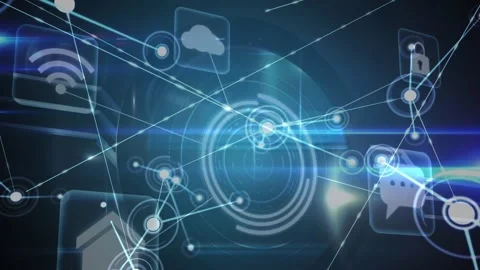 Animation of network of connections with cloud icons and scope on dark Stock Footage 330254660