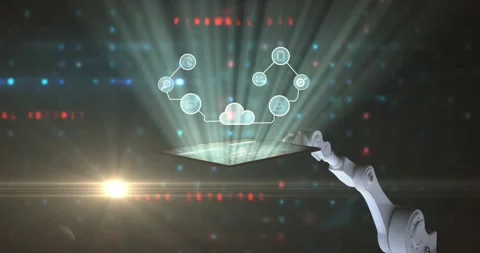 Animation of network of connections with cloud over robot's arm Stock Footage 329123963