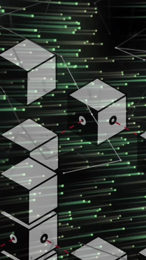 Animation of network of connections with cubes over light trails on black Stock Footage 319135108