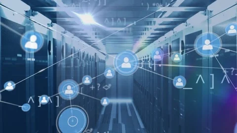 Animation of network of connections with data over computer servers Stock Footage 330590528