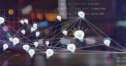 Animation of network of connections with data processing over out of focus city Stock Footage 246733091