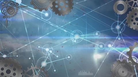 Animation of network of connections with data processing and cogs over sky with Stock Footage 326411515