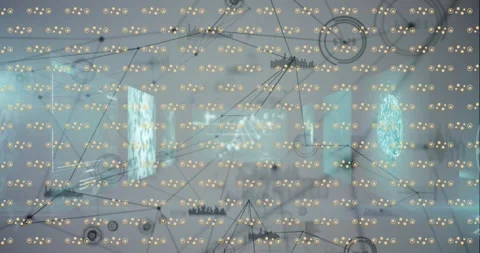 Animation of network of connections with data processing and shapes over screens Stock Footage 327524331