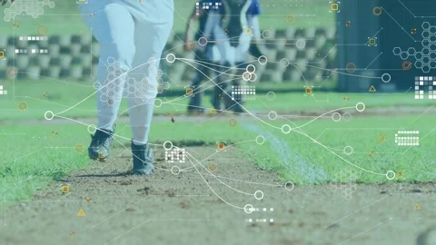 Animation of network of connections with data processing over diverse baseball Stock Footage 327957766