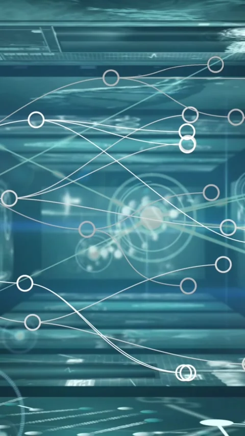 Animation of network of connections, data processing over screens Stock Footage 344525961