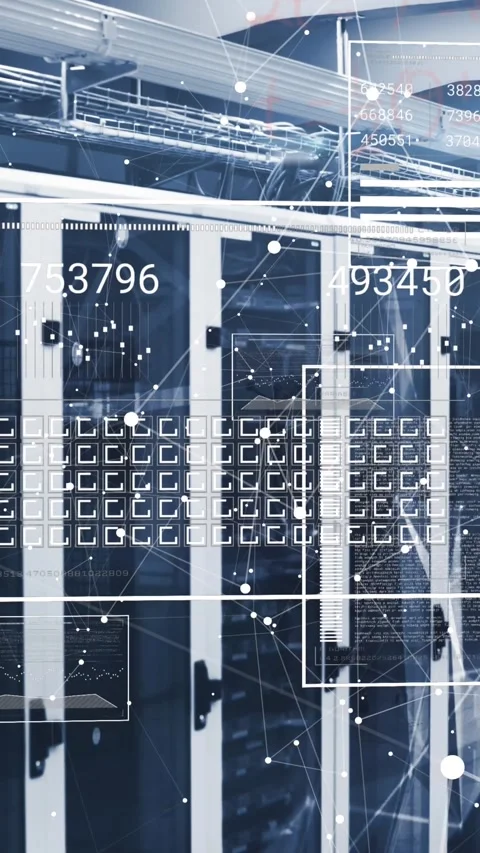 Animation of network of connections with data processing over server room Stock Footage 344722632