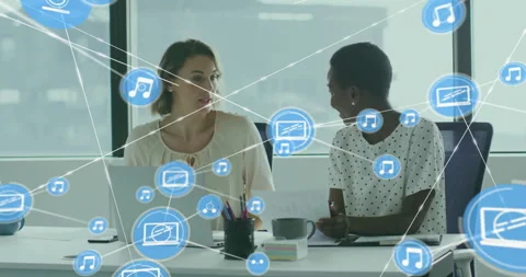 Animation of network of connections with devices icons over diverse business Stock Footage 310407117