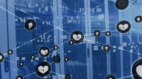Animation of network of connections with digital icons over computer servers Stock Footage 327709507