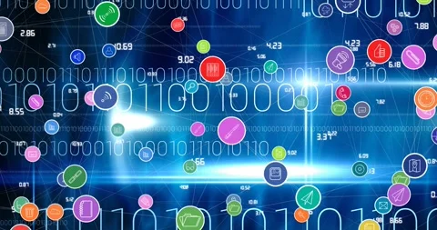 Animation of network of connections with digital icons over binary coding in Stock Footage 328404452