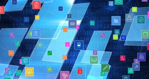 Animation of network of connections with digital icons over binary coding in Stock Footage 329020357