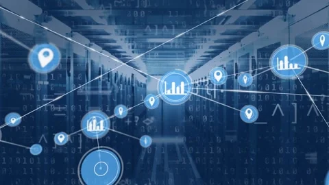 Animation of network of connections with digital icons and binary coding over Stock Footage 330474690