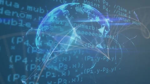 Animation of network of connections with globe and binary coding animation over Stock Footage 328005422