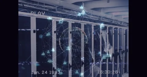 Animation of network of connections with globe and glitch over server room Stock Footage 328302737