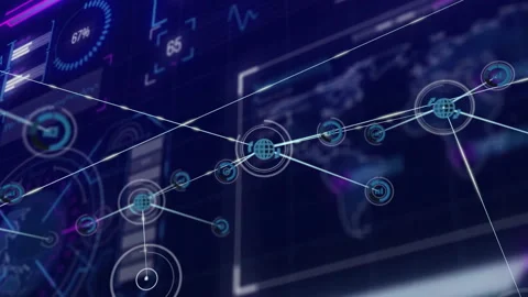 Animation of network of connections with globe icons over data processing Video stock 308433837