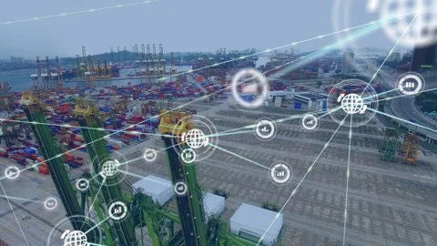 Animation of network of connections with globe icons over shipyard Stock Footage 310032997