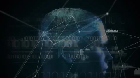 Animation of network of connections with human head and binary coding Video stock 313574938