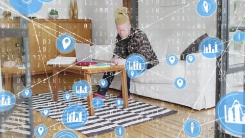 Animation of network of connections with icons and binary coding over albino man Stock Footage 327844584