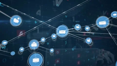 Animation of network of connections with icons and data processing over hacker Stock Footage 329169377