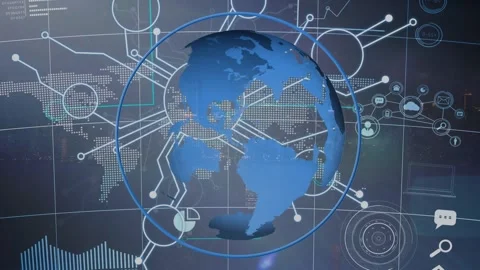 Animation of network of connections with icons and globe over world map Stock Footage 329697983