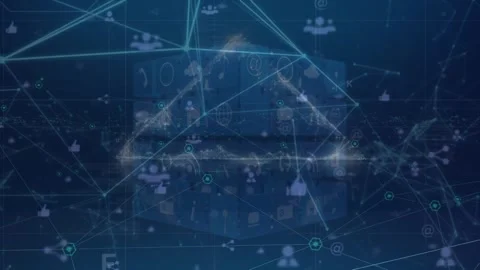 Animation of network of connections with icons and cube Stock Footage 329966976
