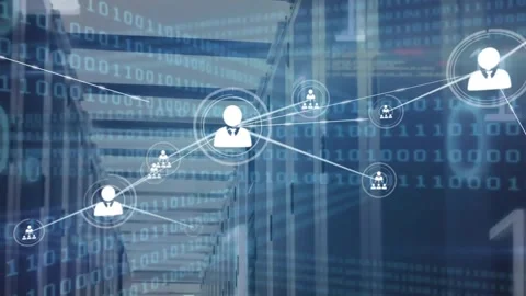 Animation of network of connections with icons and binary coding over computer Stock Footage 330400355