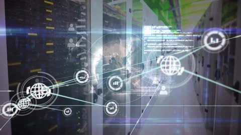 Animation of network of connections with icons, data processing over computer Stock Footage 328414860
