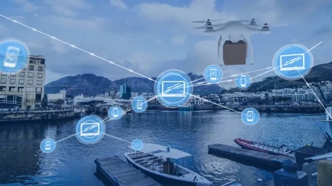 Animation of network of connections with icons over drone carrying parcel Stock Footage 156955161