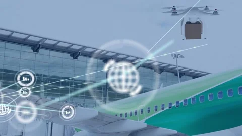 Animation of network of connections with icons over drone carrying parcel Stock Footage 156955201