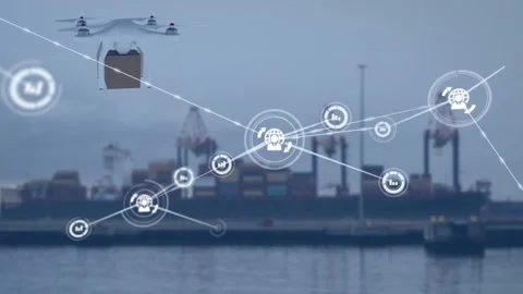 Animation of network of connections with icons over drone carrying parcel Video stock 156956232