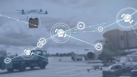 Animation of network of connections with icons over drone carrying parcel Stock Footage 156956320