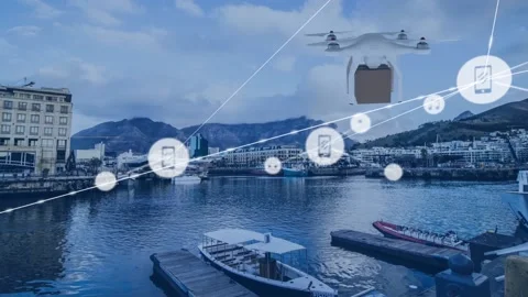 Animation of network of connections with icons over drone carrying parcel Video stock 156956375
