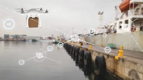 Animation of network of connections with icons over delivery drone with parcel Video stock 157673036