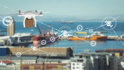 Animation of network of connections with icons over delivery drone with parcel Video stock 157673136