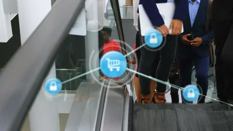 Animation of network of connections with icons over business people on escalator Stock Footage 159178774