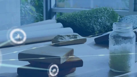 Animation of network of connections with icons over wood samples and architects 動画素材 172329337